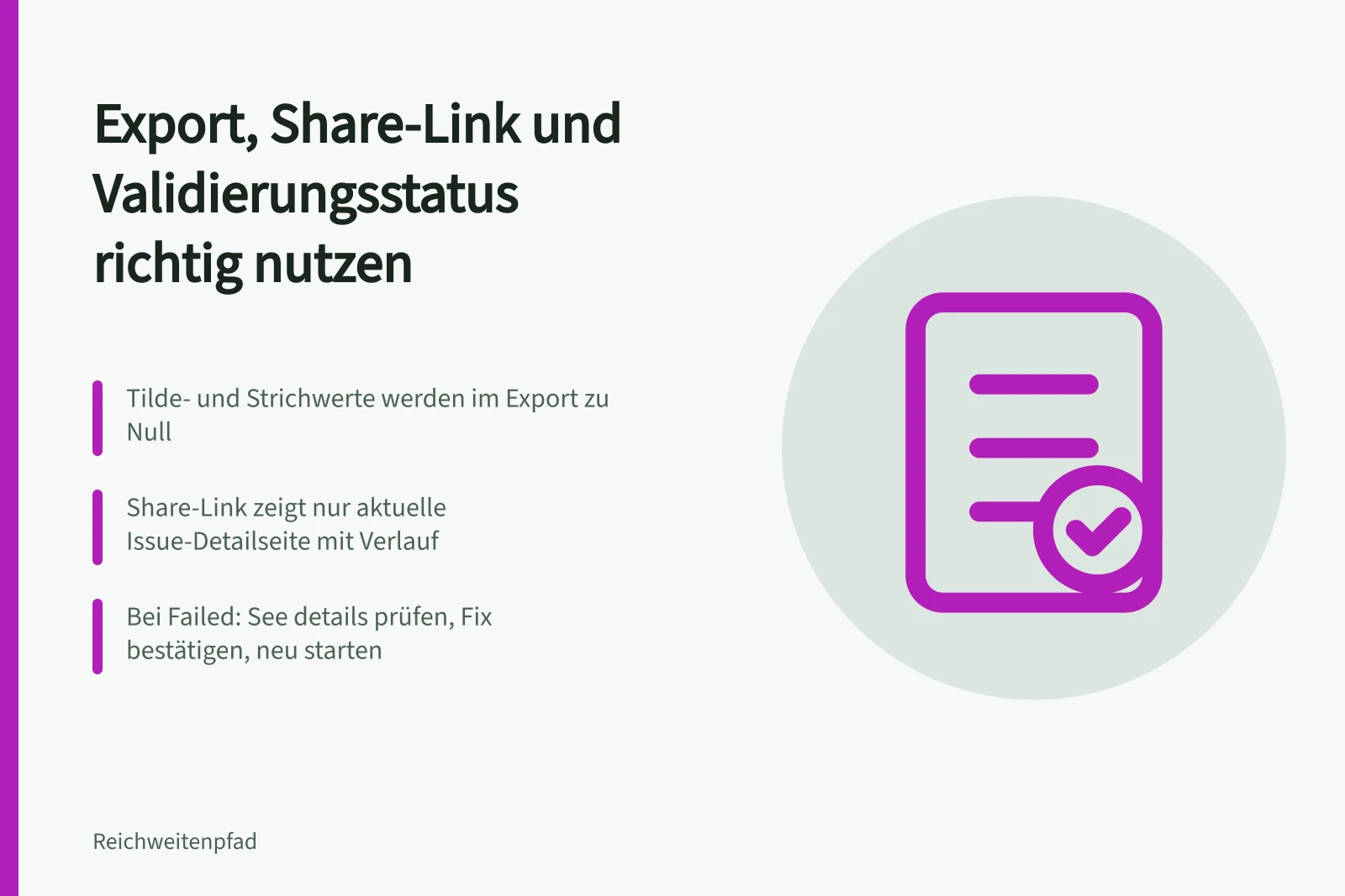 Dashboard mit Export, Share-Link und Statuswerten für die Indexierungsvalidierung