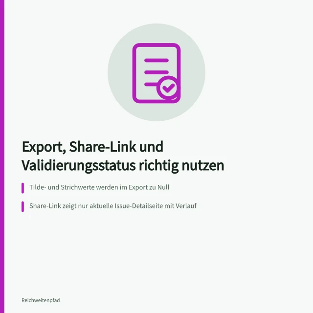 Dashboard mit Export, Share-Link und Statuswerten für die Indexierungsvalidierung. Befunde weitergeben und Fixes validieren: Export, Share-Link und Statuswerte