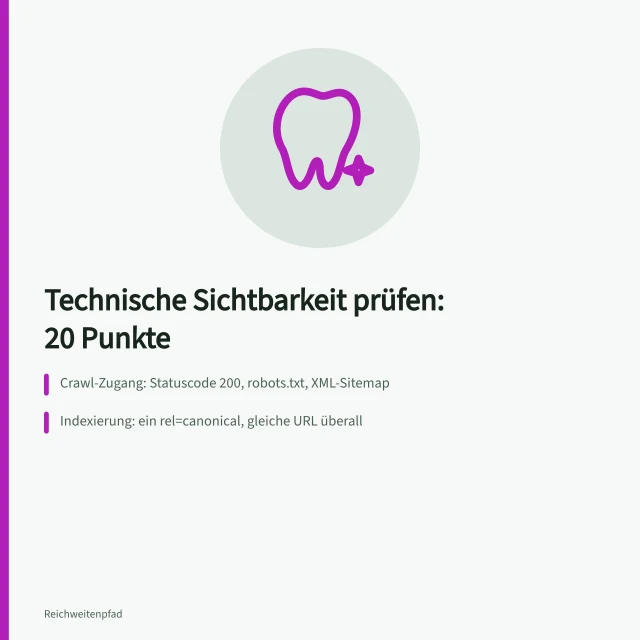 Checkliste Technische Sichtbarkeit mit 20 Prüfpunkten in vier Blöcken. Welche Checkliste hilft bei der technischen Suchmaschinen Sichtbarkeit?